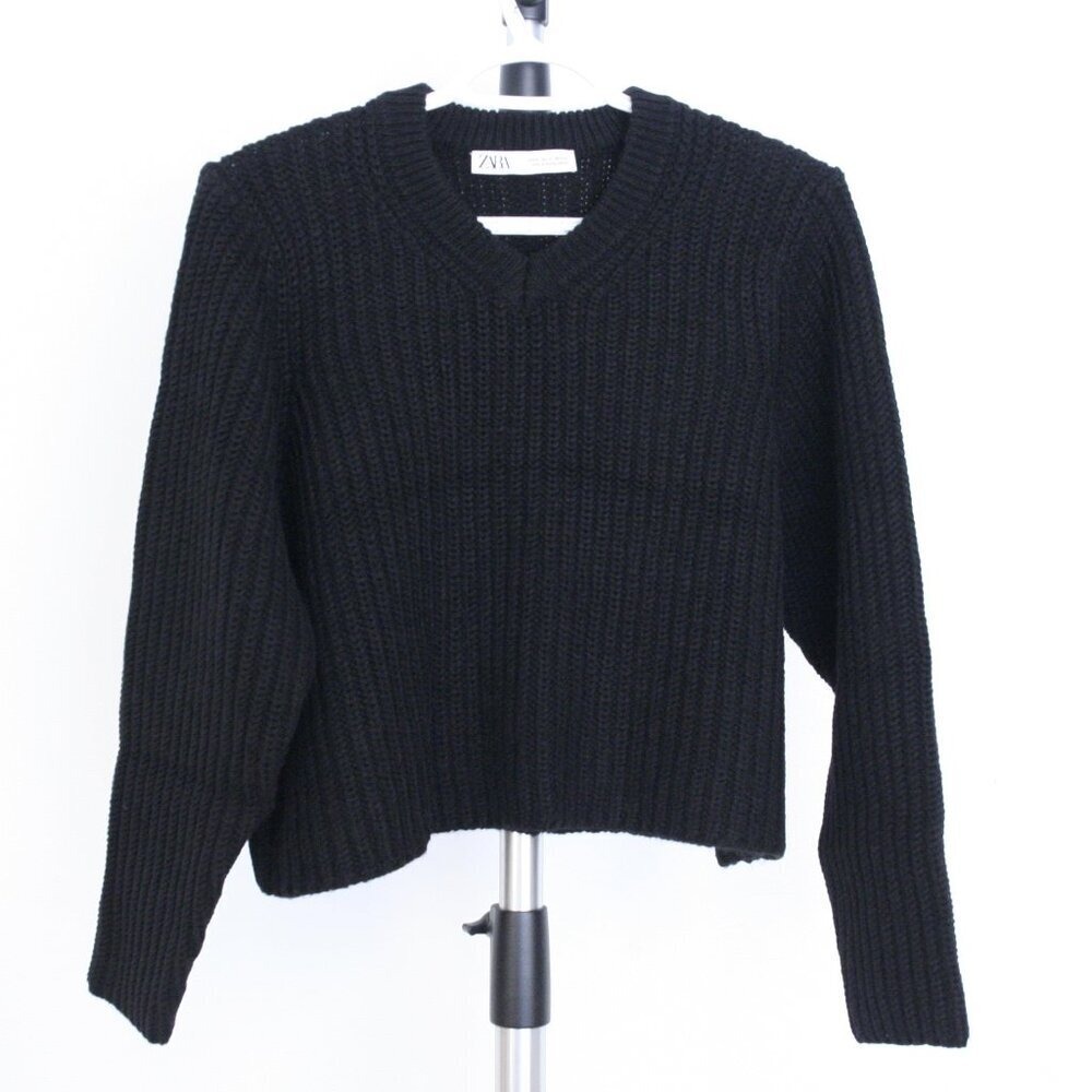 ZARA‎ Black Chunky Ribbed V-Neck Knit Sweater Womens Size M